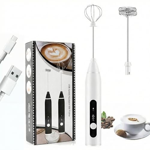Image of VeeDee USB Rechargeable Milk Frother Handheld - 3-Speed Adjustable Electric Foam Maker with 2 Stainless Steel Whisks - Portable Coffee Frother & Egg Beater (White)