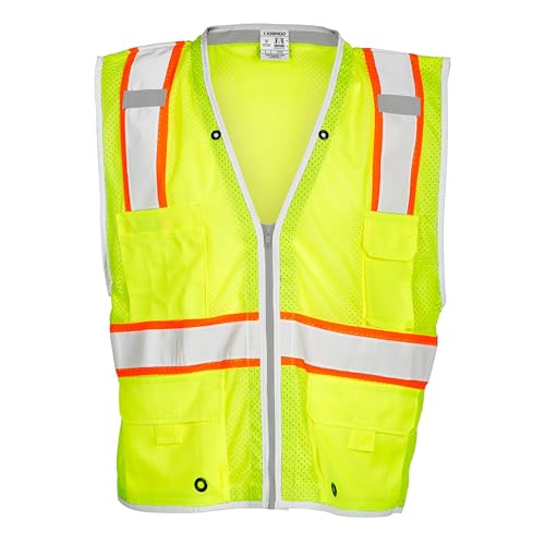 Kishigo Premium Brilliant Series Heavy Duty Unisex Reflective Safety Vest 1510, ANSI Type R / Class 2 Compliant, 6 Pockets Including Radio & Pencil Pocket, Silver Reflective Lining & Trim (Lime, XL)