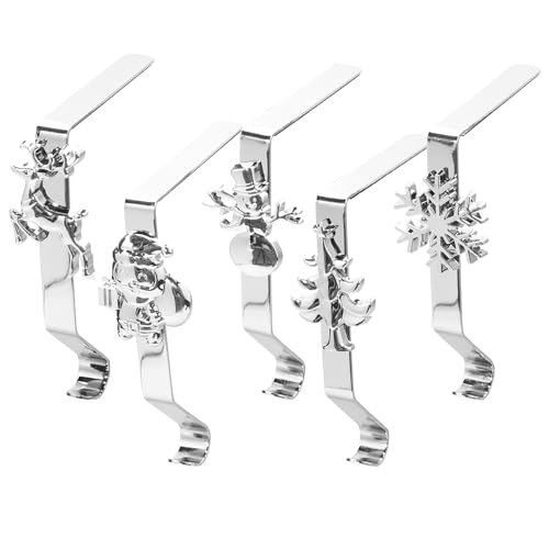 5 Pezzi Portacalze di Natale per Camino – Ganci di Metallo Antiscivolo con Fiocco di Neve Renna Pupazzo di Neve Babbo Natale Albero – Supporti Robusti per Calze Natalizie e Decorazioni Festive