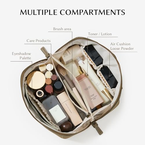 Image of EACHY Travel Makeup Bag, Large Capacity Cosmetic Bag for Women, Waterproof PU Leather, Flat Open Portable Toiletry Bag for Skincare, Brushes & Travel Essentials