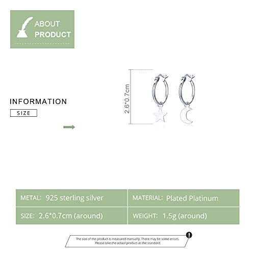 Asymmetrical Star Moon Dangle Hoop Earrings For Women Teen Girls S925 Sterling Silver White Gold Plated Charms Tiny Star Crescent Moon Drop Dangling Polished Cartilage Leverback Earrings Cute Jewelry #TOP5
