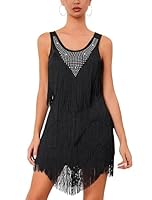 AGYMNX 20er Jahre Fransen Kleid Damen Gatsby Strass Lagen Fransenkleid Vintage 1920s Ärmellos Elegant Latein Tanzkleid Kurz Runder Ausschnitt Samba Kleid Black M