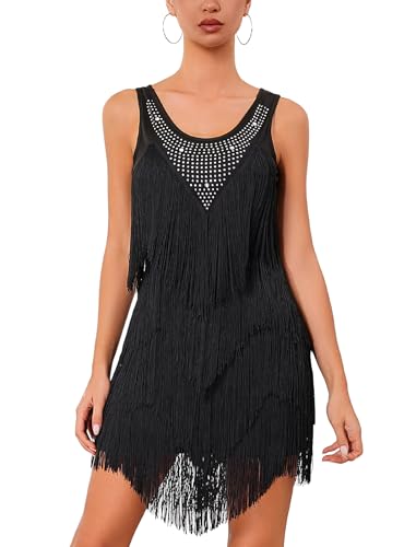 AGYMNX 20er Jahre Fransen Kleid Damen Gatsby Strass Lagen Fransenkleid Vintage 1920s Ärmellos Elegant Latein Tanzkleid Kurz Runder Ausschnitt Samba Kleid Black M