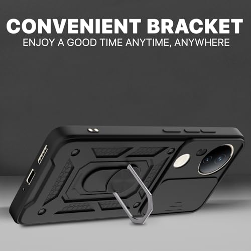 Image of Pikkme Back Cover for Vivo T4 Ultra 5G | D10 Tough Armor | 360 Protection Case | Sliding Camera Shield Cover & Ring Holder Stand Bumper Case (Black)