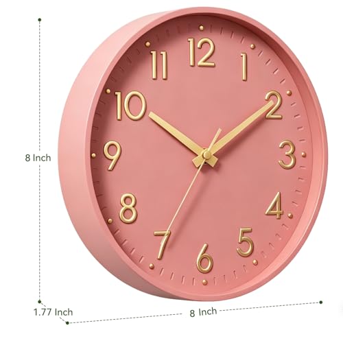 Image of Mosewa Wall Clock 8 Inch, Battery Operated Silent Non-Ticking Modern Analog Clock Decorative for Kitchen, Bedroom, Office, Living Room(Pink Gold)