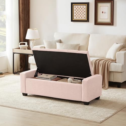 Image of Huatean Home 48 inch Ottoman with Storage, Pink Storage Ottoman Bench with Safety Hinge, Upholstered Entryway Bench with Seating for Bedroom, Living Room, Holds up to 330 lb