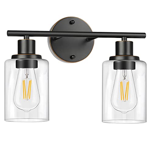 Image of Bathroom Light Fixtures, 2 Light Vanity Light, Wall Sconces Lighting | Modern Bath Wall Mounted Light with Glass Shade, Porch Wall Lamp for Mirror, Living Room, Bedroom, Hallway, Oil Rubbed Bronze