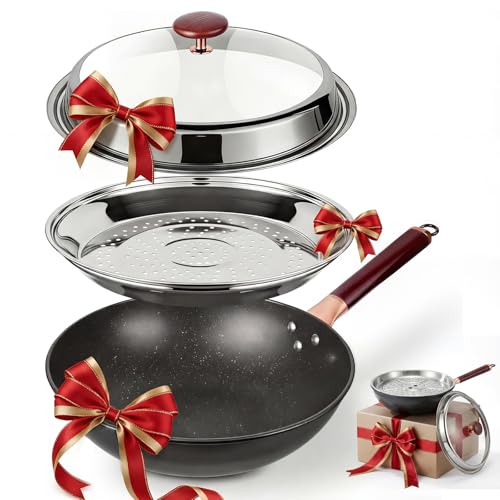 13.07-Inch Carbon Steel Wok Pan with Lid: Woks & Stir-Fry Pans Nonstick with Steamer for Cooking Pan...