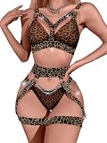 Lilosy Sexy Chain Strappy Garter Belt Women Lingerie Set Rave Outfits Harness Bra Panty 3 Piece Brown Leopard Medium