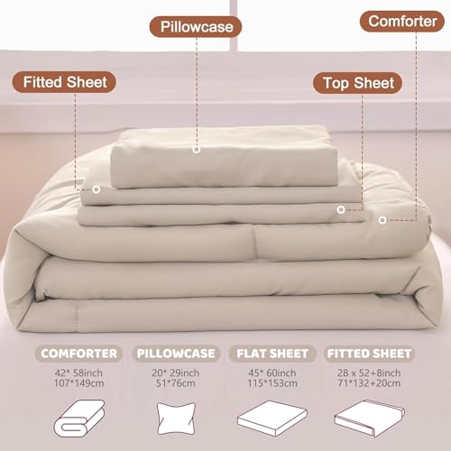 Image of Toddler Bedding Set for Girls, 4 Piece Double Ruffles Soft and Breathable Toddler Bed Sheets with Boho Toddler Comforter, Fitted Sheet, Flat Sheet and Pillowcase, Pale Beige