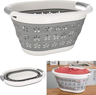 MantraRaj Large Collapsible Laundry Basket Washing Clothes Pop Up Bin Foldable with Comfortable Integrated Grip Handles Space Saving Design Folding Multi Purpose Bin Storage Kitchen Garden Grey White