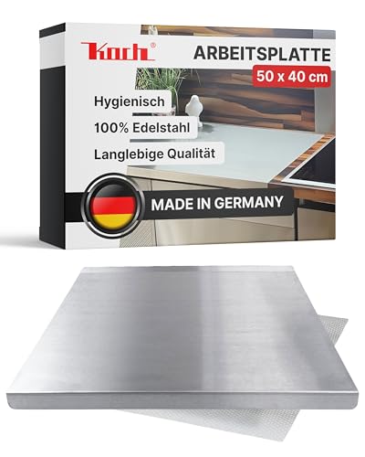 KOCH #68 Hygienisches Edelstahl Schneidebrett 50 x 40cm, 2 Kantungen - Knetbrett, Arbeitsplatte - rostfrei, antibakteriell, satinierte Oberfläche - MADE IN GERMANY - incl. waschbarer Antirutschmatte!