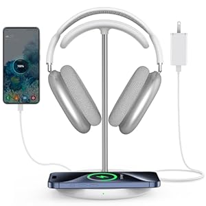 Miroddi Headphone Stand with Wireless Charger, Independent USB Charging Port, 5 in 1 Charging Station Headset Holder Rack for AirPods Max/Pro/4/3/2, iWatch, iPhone, Samsung and Desk Headphones, White