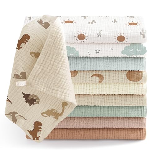 Bearmoss10 Stück Baby Musselin Waschlappen Moltontücher 100% Baumwolle Weiche Spucktücher Baby Atmungsaktiv und Extrem Saugfähig Musselin Tuch für Saugstark Mulltücher 25 x25cm(BraunGrün)