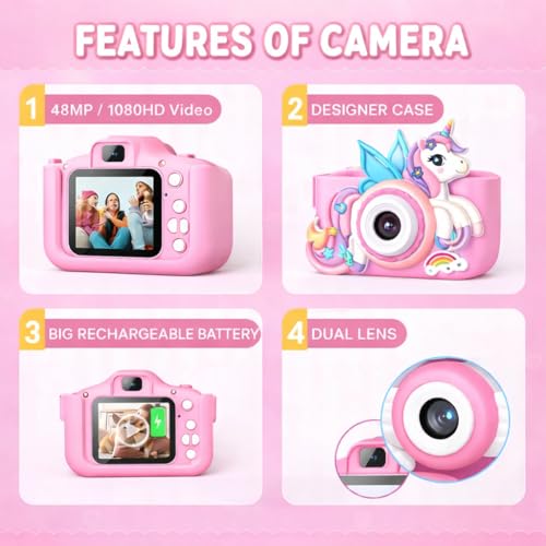 Image of PLUSPOINT Kids Camera, Unicorn Toys Camera with Selfie 1080P HD Video, Christmas Birthday Gifts for Girls, Toddler Digital Camera Toys Gifts for 3 4 5 6 7 8 Year Old Girls and Kids,