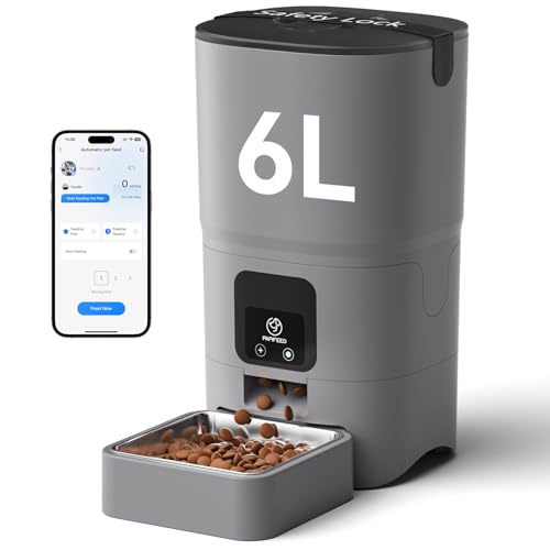 PAPIFEED Automatic Cat Feeder with App, 2.4G WiFi Cat Food Dispenser, 6L Timed Cat Feeders for Dry Food, 10 Meals/Day, 12 Portions/Meal, Dual Power Supply Smart Pet Feeder for Small Dog, Grey