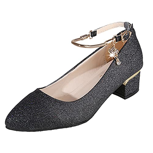 Sandalias Mujer Dorado Zapatos de Mujer de Alta Boda Trabajo Punta sólida Tacones Gruesos Tacones Redondos Tacones Altos de Mujer Plantillas Gel Mujer (02-Black, 41) Cover