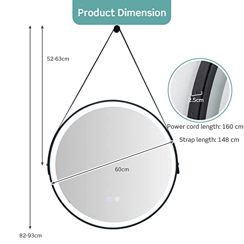 LIFEZEAL Espejo de Baño con Iluminación, 60 cm Redondo Antivaho, Cosmético de Pared con Interruptor Táctil Inteligente, Maquillaje con Luz LED de 3 Colores - imagen 6