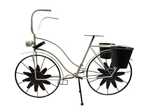 SK Antique Style White Bicycle Planter Bike Has Solar Light And Rotating Windmill Wheel Blades