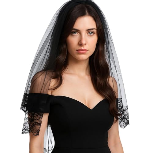 ADLABLD Schwarz Brautschleier,Schleier Schwarz Bridal Tüll mit Kamm,Spitzen-Hochzeitsschleier mit Lace Gloves，Halloween Schleier für Hochzeit Abend Prom Party Kostüm