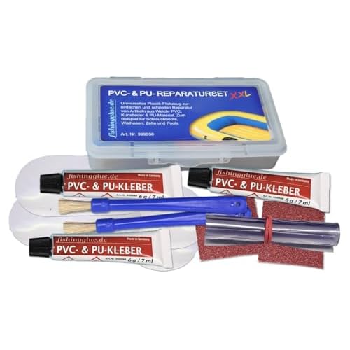 fishingglue.de PVC & PU Reparatur Set XXL, Flickzeug für Schlauchboot Zelt Pool Gewebe Planen Markise Isomatte Luftmatratze aus Vinyl, PVC, Polyurethan