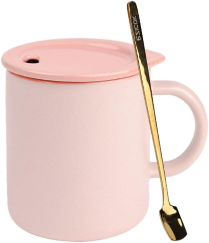 Portable Ceramic Mug Set with Lid and Spoon Simple Office Coffee Mug Tea Cups 350ml/11.8oz Reusable beautiful, Pink