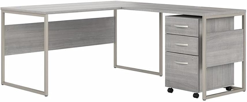 Bush Business Furniture Hybrid 60W x 30D L Shaped Table Desk with Mobile File Cabinet in Platinum Gray