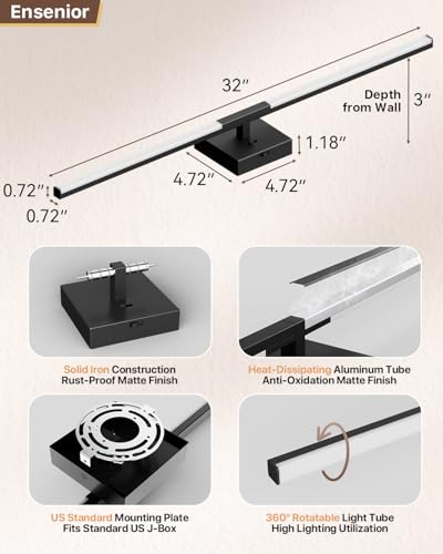 Image of Ensenior Modern Bathroom Vanity Light 32 inch, Built-in Dimmer, 18.5W Dimmable 5CCT Led Bath Lights, Black Bar Vanity Light for Bathroom Mirror Cabinets Bedroom-FCC & ETL Certificated