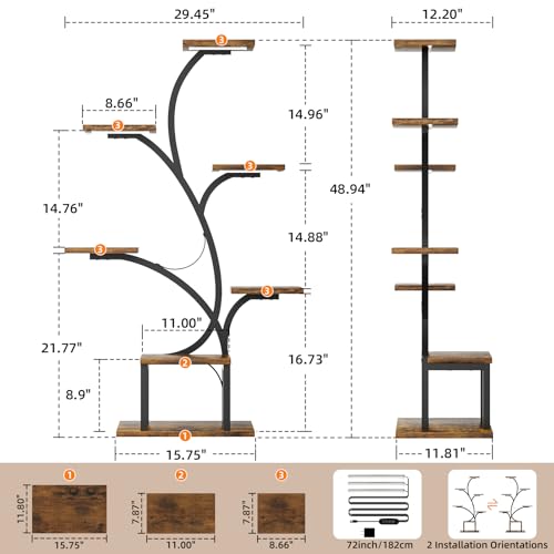 BACEKOLL Plant Stand Indoor with Grow Lights, 7 Tiered Indoor Plant Shelf, 49\" Corner Plant Stands for Indoor Plants, Metal Plant Flower Display Shelves, Tree-Shaped Plant Rack for Home, Patio, Black