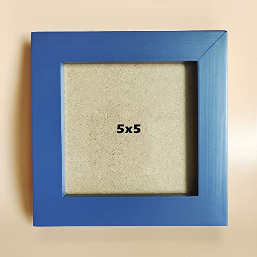Image of 5x5 Picture Frames Blue Solid Wood Frame, Plastic Panel (Film Needs to be Removed) Table or Wall.Front Window Opening 4.5x4.5 inch.