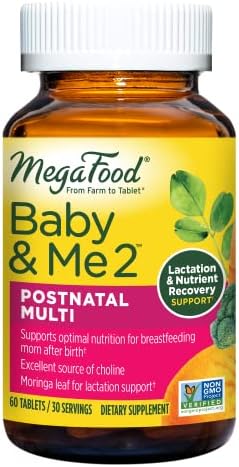 MegaFood Baby & Me 2 Postnatal Vitamins for Breastfeeding Moms with Folate (Folic Acid Natural Form), Choline, Iodine, Vitamin D, Moringa Leaf and More - 60 Tabs (30 Servings)