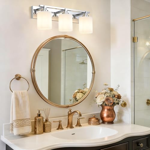 Image of Modern Bathroom Lighting Fixtures Over Mirror, Vanity Lights for Bathroom, Wall Sconces with Milky White Glass Shades, E26 Ceramic Socket, 3-Light 20-inch Chrome