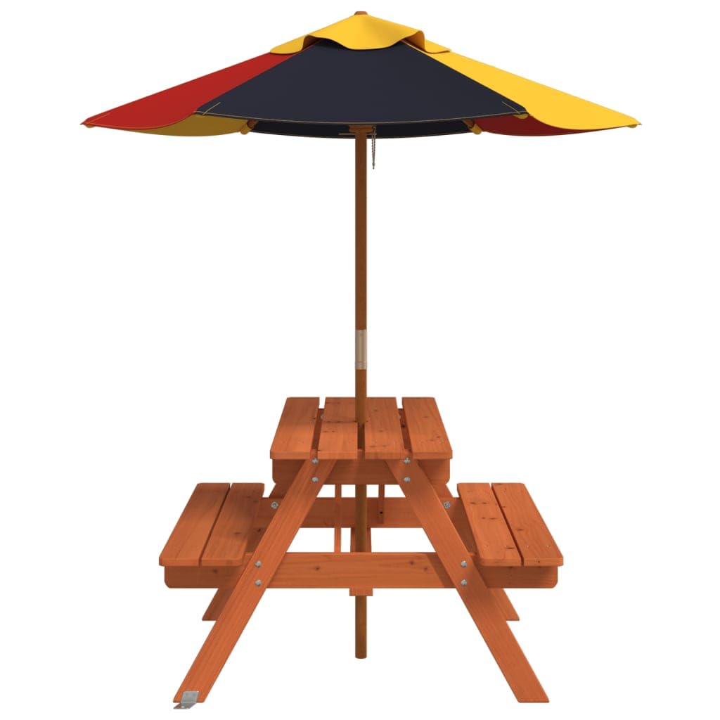 Tavolo da picnic per 4 bambini in legno di abete massiccio con ombrellone, tavolo da giardino per terrazza e balcone, tavolo da esterno stabile per cene, barbecue, feste in giardino e in