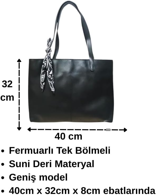Kadın Suni Deri Geniş Omuz & El Çantası – Fermuarlı Tek Bölmeli, Fular Detaylı Günlük Çanta (40x32x8 cm) (Siyah) - Görsel 7