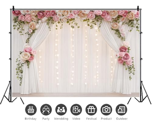 Wedding Backdrop, Flower Wall Bridal Shower Backdrop for Photoshoot,White Rose Floral Tea Party Backdrop Birthday Party Decor, Baby Showers, Anniversary Banners, 7X5FT by Xioistiy - Used condition - Image 5
