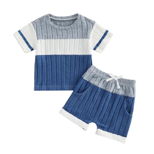 Vioyavo Toddler Baby Boy 2Pcs Summer Outfit Contrast Color Short Sleeve Round Neck T-shirt Top Elastic Waist Shorts Clothes Set (Sky Blue, 12-18 Months)