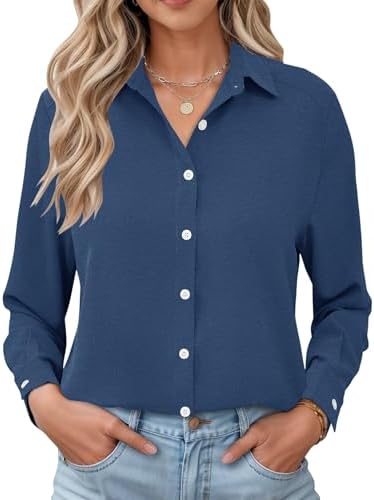 Rapbin Bluse Damen Lässig Langarm Hemd V-Ausschnitt Shirts mit Knopfleiste | Baumwolle Tunika Lockere Business Top Elegant Oberteil Trachten Bluse
