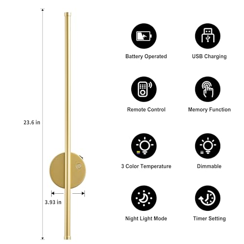 Image of KARTOOSH Gold Battery Operated Wall Sconce Set of Two with Motion Sensor | Rechargeable Wireless Wall Lights with Remote Control, Dimmable, 3000K /4000K /6000K, Timer for Living Room, Hallway,23.6 Inch