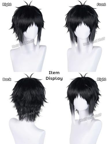 Image of Akutagawa Cosplay Wig Short Men's Black and White Anime Wig Black Male Cosplay Wig with Bangs for Women Halloween Party Costume