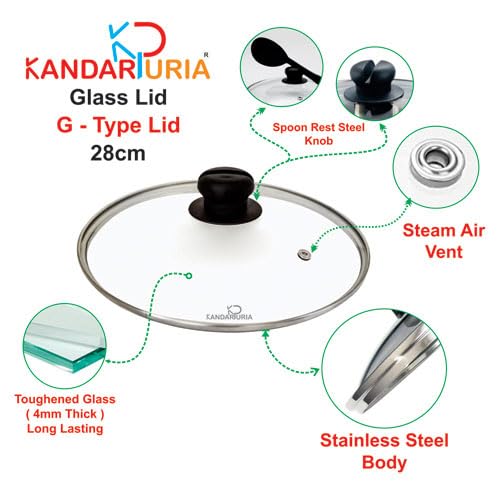 Image of Kandaruria Glass Lid, Toughened Glass with Steam Vent, Stainless Steel Rim, Compatible fit with Kadai, Biryani Pot, Fry Pan, all G Type cookware (28cm)