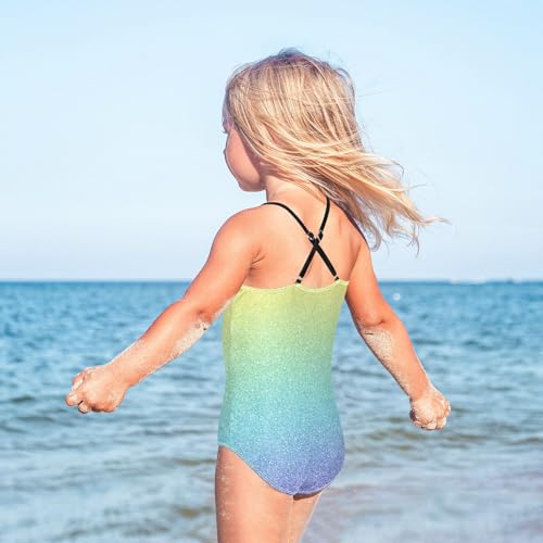 Glitter Girls One Piece Swimsuits Blue Yellow Gradient Sport Halter Swimwear Beach Bathing Suit 5-6T4