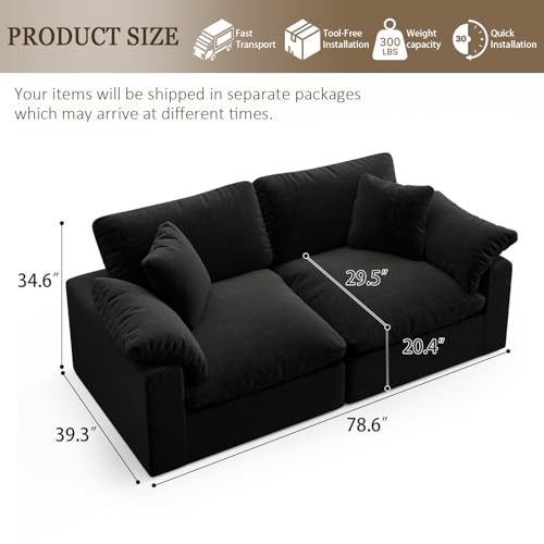 Image of Modular Sectional Sofa Cloud Couch,78.6 inch Down Filled Comfy Cloud Modern Sofa,2 Seater with Black Linen Couch Cushion Covers Removable Furniture for Living Room