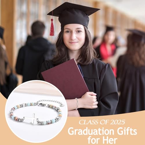 Graduation Gifts for Her- Class of 2025 Primary Middle High School College Grad Gift, Adjustable Stainless Steel Beaded Cross Bracelet for Girls & Women3