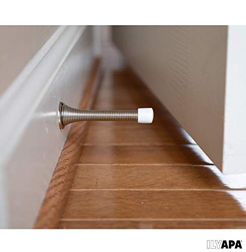 Ilyapa Spring Door Stops - 10 Pack 3 ¼ Inch Heavy Duty Door Stop - Traditional Spring Door Stop - Satin Nickel W/Rubber Bumper #TOP4