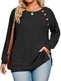 Plus Size Tops for Women Fashion Long Sleeve Pullover Sweaters Loose Fit Button Decor Shirts Chic Cozy Side Split Tunics 3XL Black