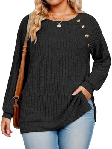 Plus Size Tops for Women Fashion Long Sleeve Pullover Sweaters Loose Fit Button Decor Shirts Chic Cozy Side Split Tunics 3XL Black