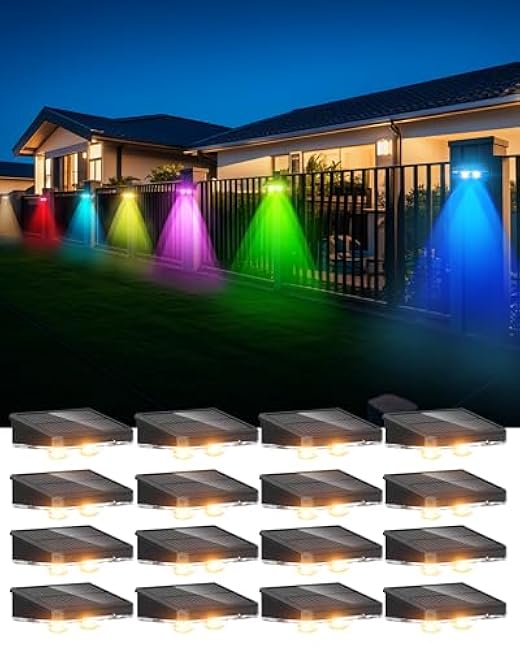 Solar Fence Lights 16 Pack, Outdoor IP65 Waterproof LED, RGB Fence Lights Solar Powered 7 Colors, for Wall, Patio, Deck, Backyard, Garden, Pool, Railing