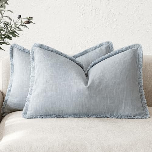 Image of Foindtower Set of 2 Decorative Linen Fringe Lumbar Throw Pillow Covers Boho Farmhouse Cushion Cover with Tassels Soft Accent Pillowcase for Couch Sofa Bed Living Room Home Decor,12x24 Inch,Sky Blue