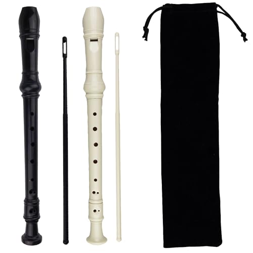 Kasteco 2 Pack German Style 8 Hole-3 Piece Descant Soprano Recorders with Cleaning Rod, Black...