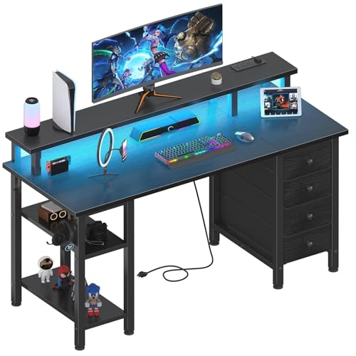 Lufeiya 47-Inch Gaming Desk with LED Lights, Power Outlets, and Storage – Black